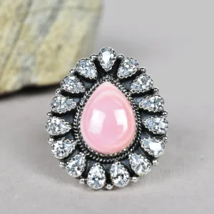Native American Pink Conch Shell & Cubic Zirconia Cluster Rings - 925 Sterling Silver Handmade Vintage Rings