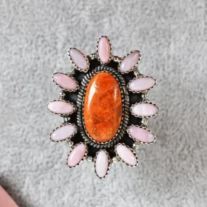 Native American Sponge Coral & Pink Opal Cluster Rings - 925 Sterling Silver Handmade Vintage Rings