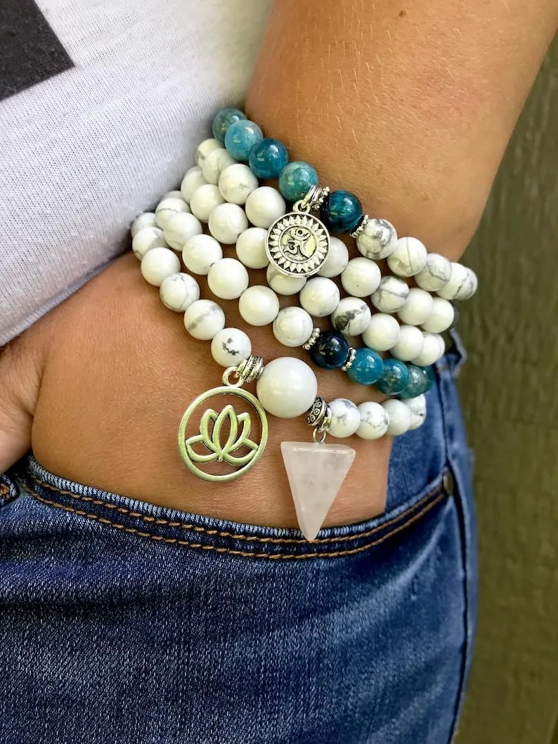 Natural Blue Apatite, Howlite, Blue Tiger Eye 8mm 108 Mala Beads, Spiritual, Meditation Beads, Reiki, Japa Mala, Buddhist Prayer Beads, Yoga Bracelet, healing beads LKMALA-RRGU-2418, 34 inch