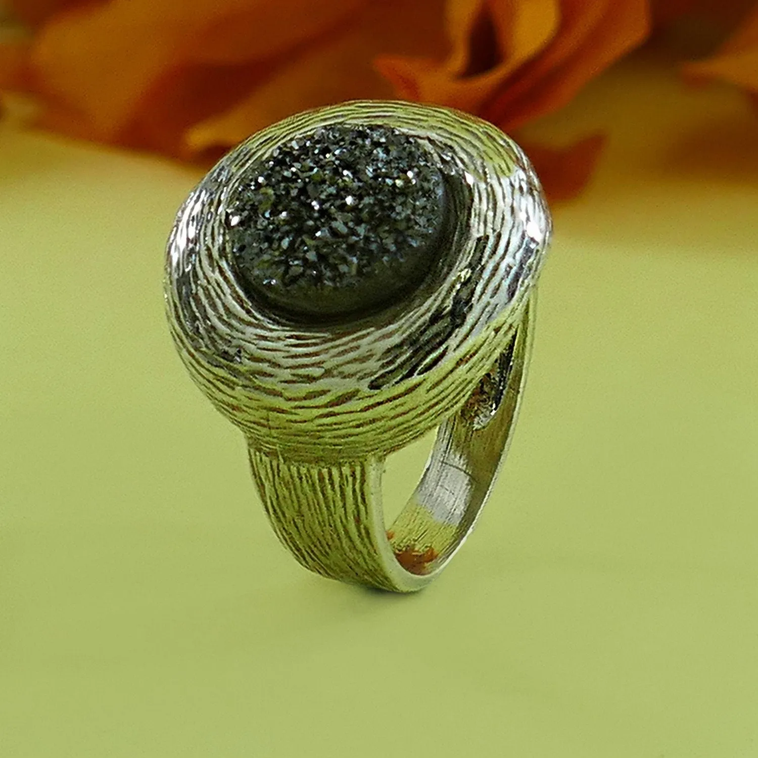 Natural crystal quartz 4 Carat Gray Agate Druzy Stone 925 Sterling Silver Handcrafted Statement Ring  Gypsy ring, Bohemian ring, Hippie ring