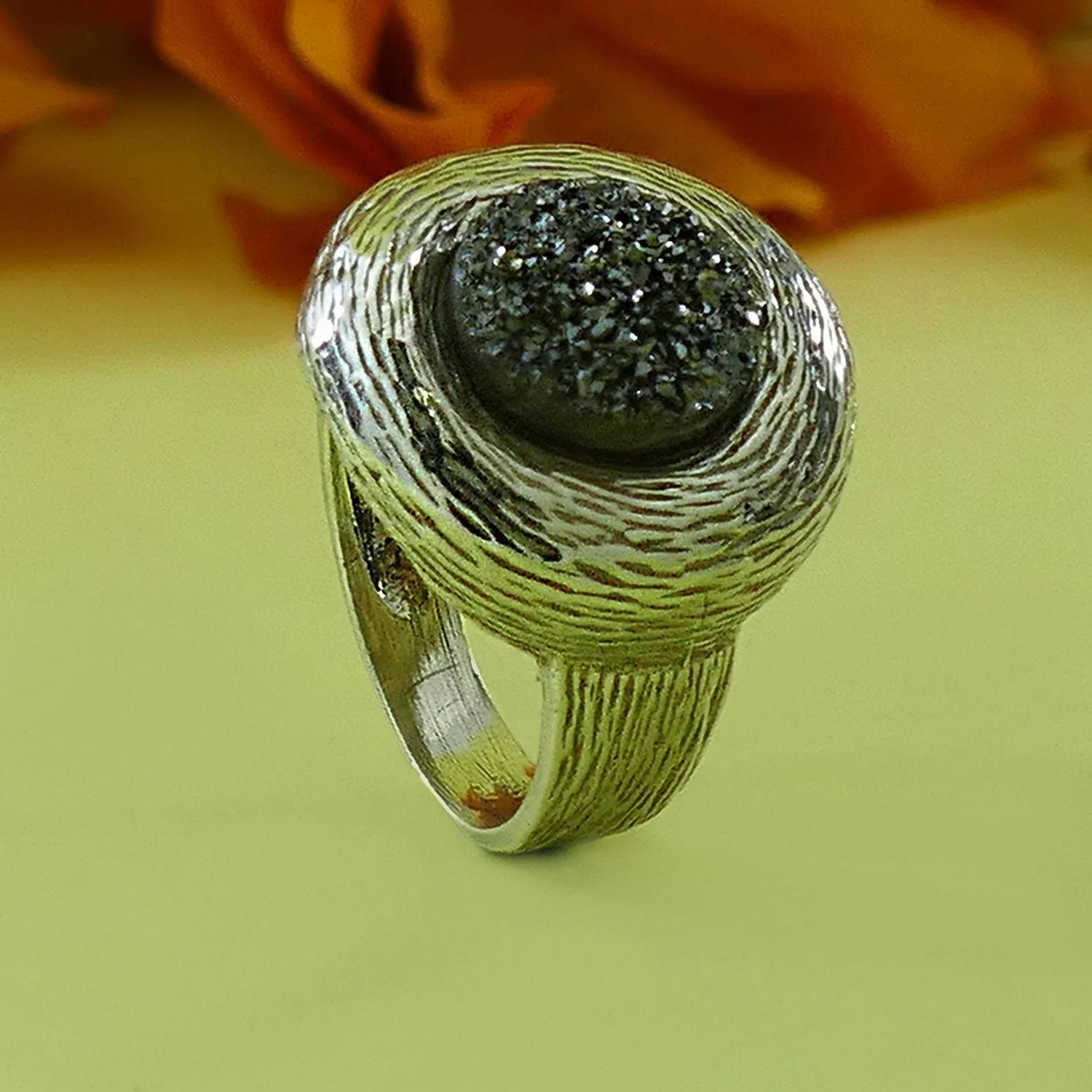 Natural crystal quartz 4 Carat Gray Agate Druzy Stone 925 Sterling Silver Handcrafted Statement Ring  Gypsy ring, Bohemian ring, Hippie ring