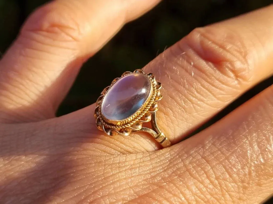 Natural Oval Cut Rainbow Moonstone Bezel Set Vintage Solitaire Rings - 14k Gold Vermeil Rings
