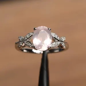 Natural Oval Cut Rose Quartz Unique Engagement Ring - 925 Sterling Silver Ring
