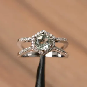Natural Round Cut Green Amethyst Double Band Wedding Rings - 925 Sterling Silver Rings