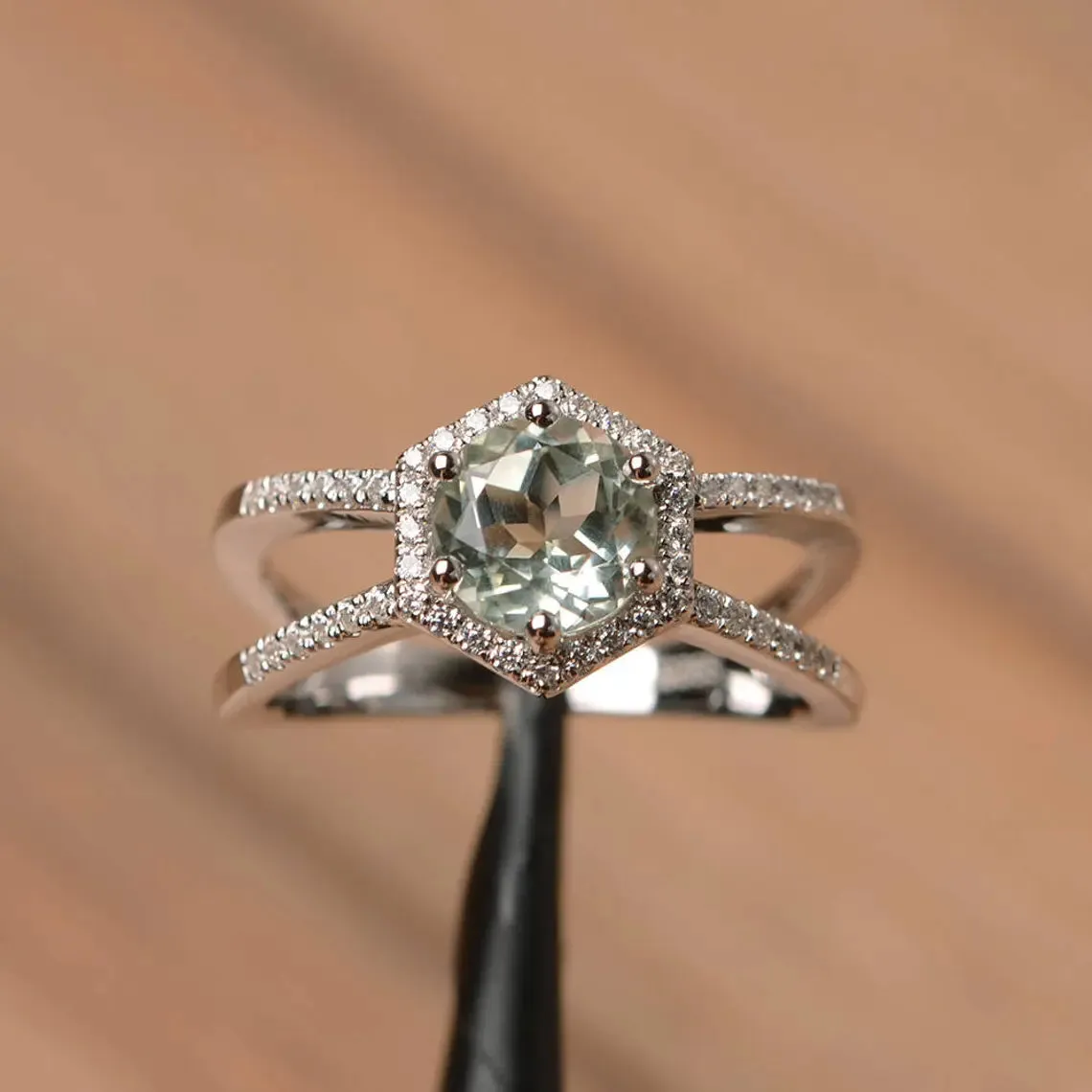 Natural Round Cut Green Amethyst Double Band Wedding Rings - 925 Sterling Silver Rings