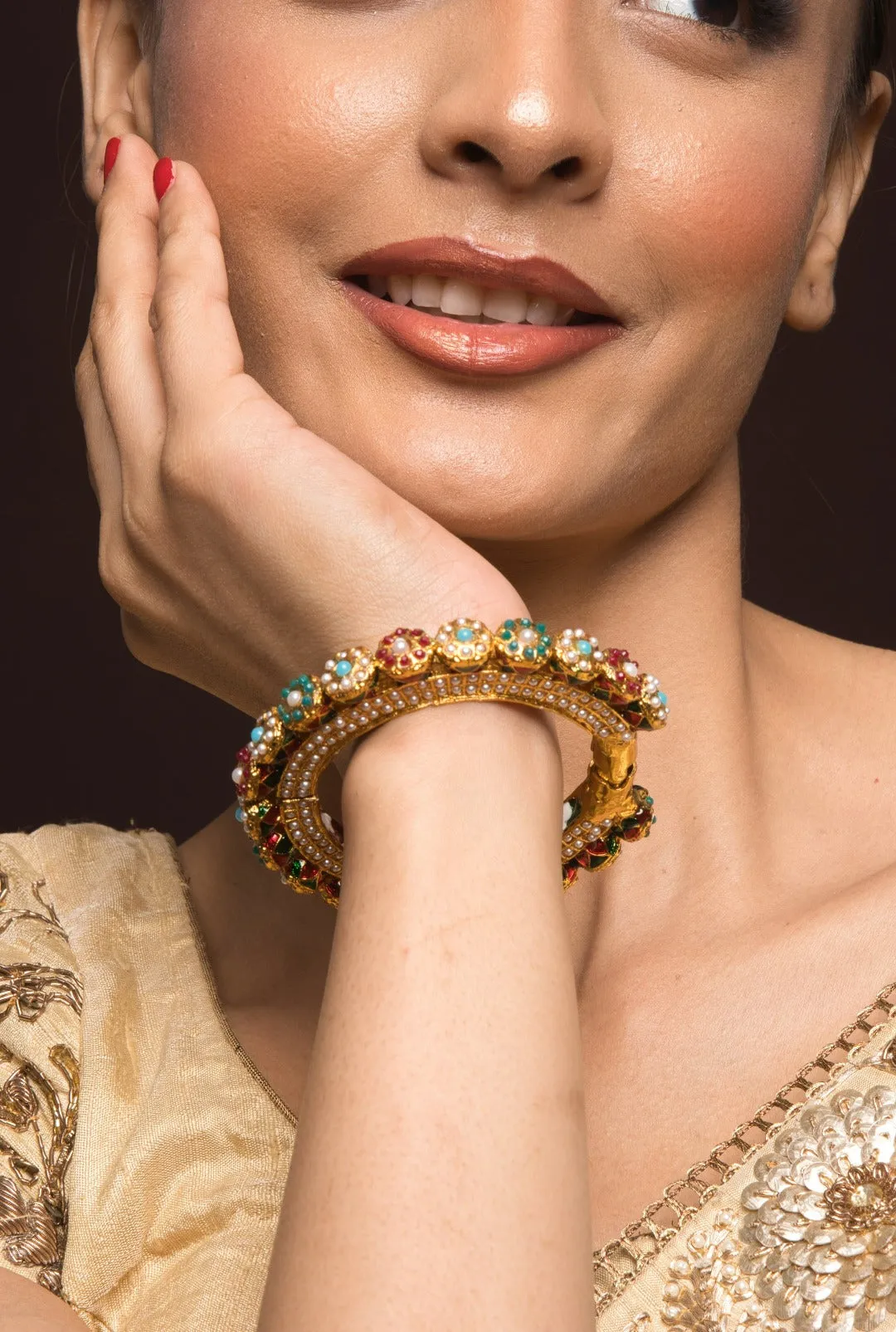 Preeta Gold Plated Jadau Openable Navratan Pacheli Bangle