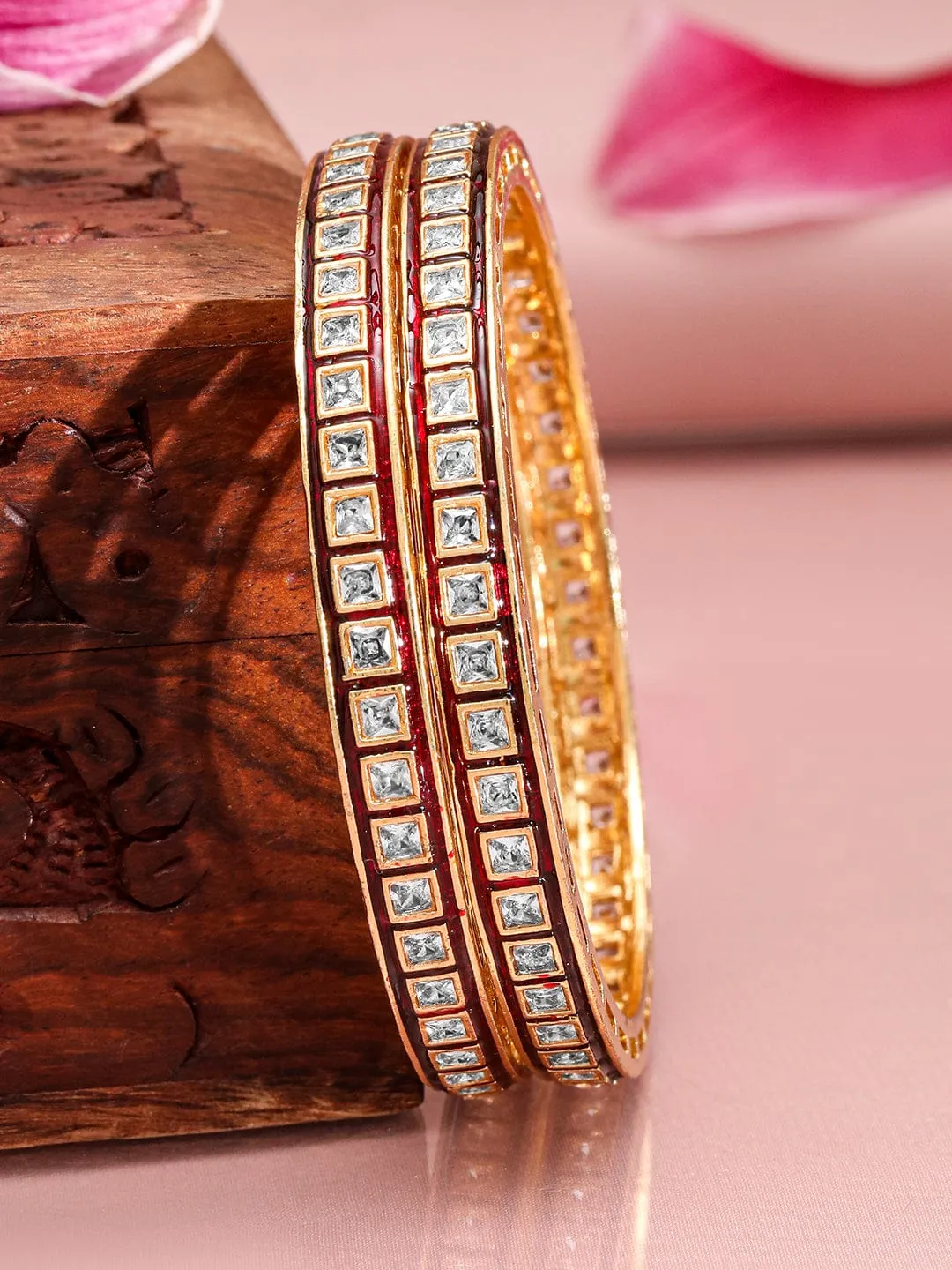 Rubans Set of 2, 22K Gold-Plated Red-Border Square-Cut White CubicZirconia Studded Bangles