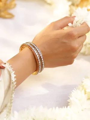 Rubans Set of 2, 22K Gold-Plated Red-Border Square-Cut White CubicZirconia Studded Bangles