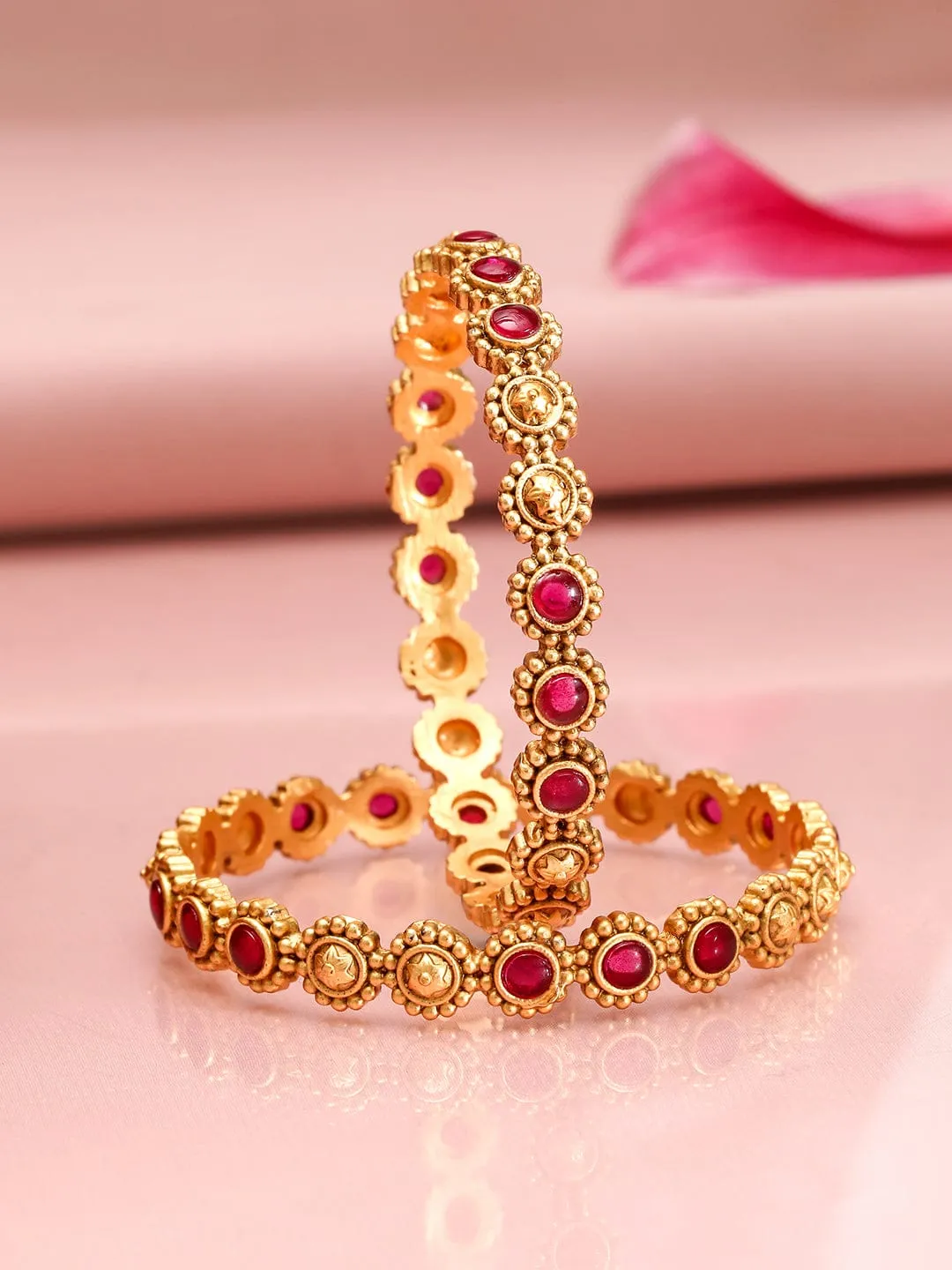 Rubans Set of 2, 22K Gold-Plated Ruby Pink Bangles with Gold Beading Traditional Design