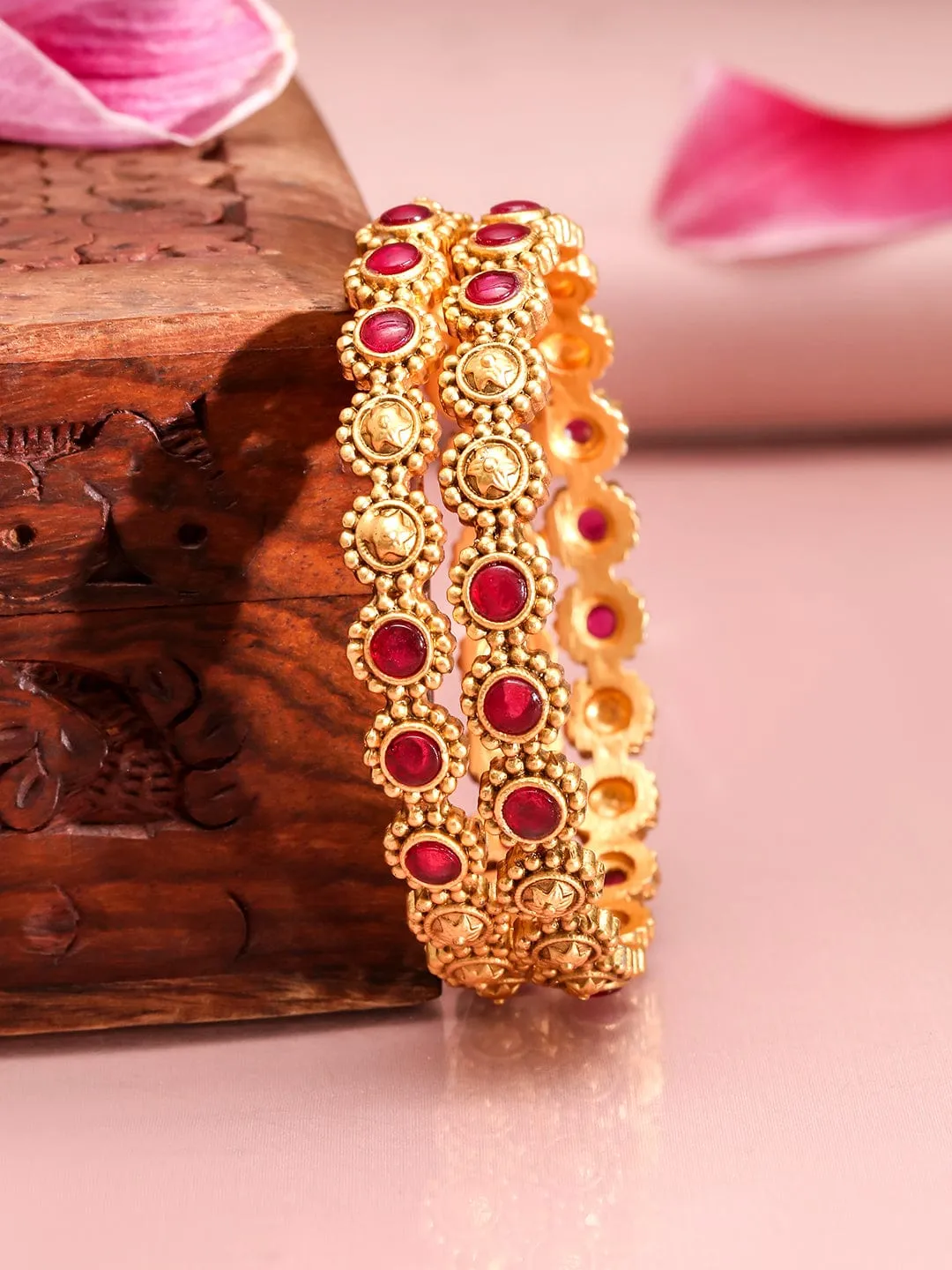 Rubans Set of 2, 22K Gold-Plated Ruby Pink Bangles with Gold Beading Traditional Design