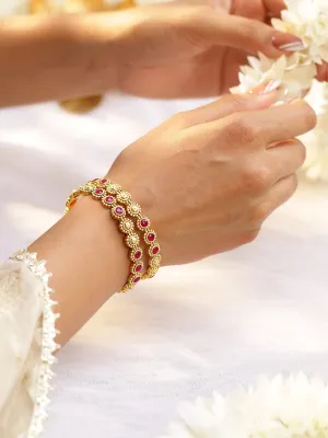 Rubans Set of 2, 22K Gold-Plated Ruby Pink Bangles with Gold Beading Traditional Design