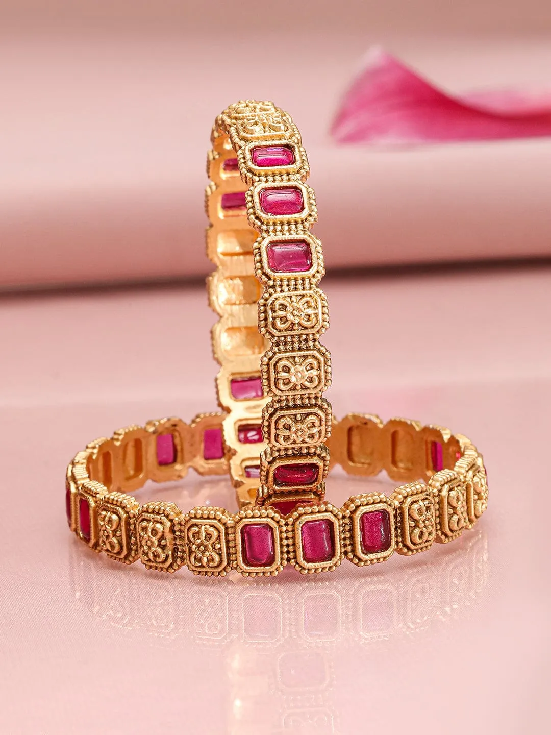 Rubans Set of 2, 22K Gold-Plated Ruby Pink Stone & Filigree Design Traditional Bangles