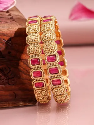 Rubans Set of 2, 22K Gold-Plated Ruby Pink Stone & Filigree Design Traditional Bangles