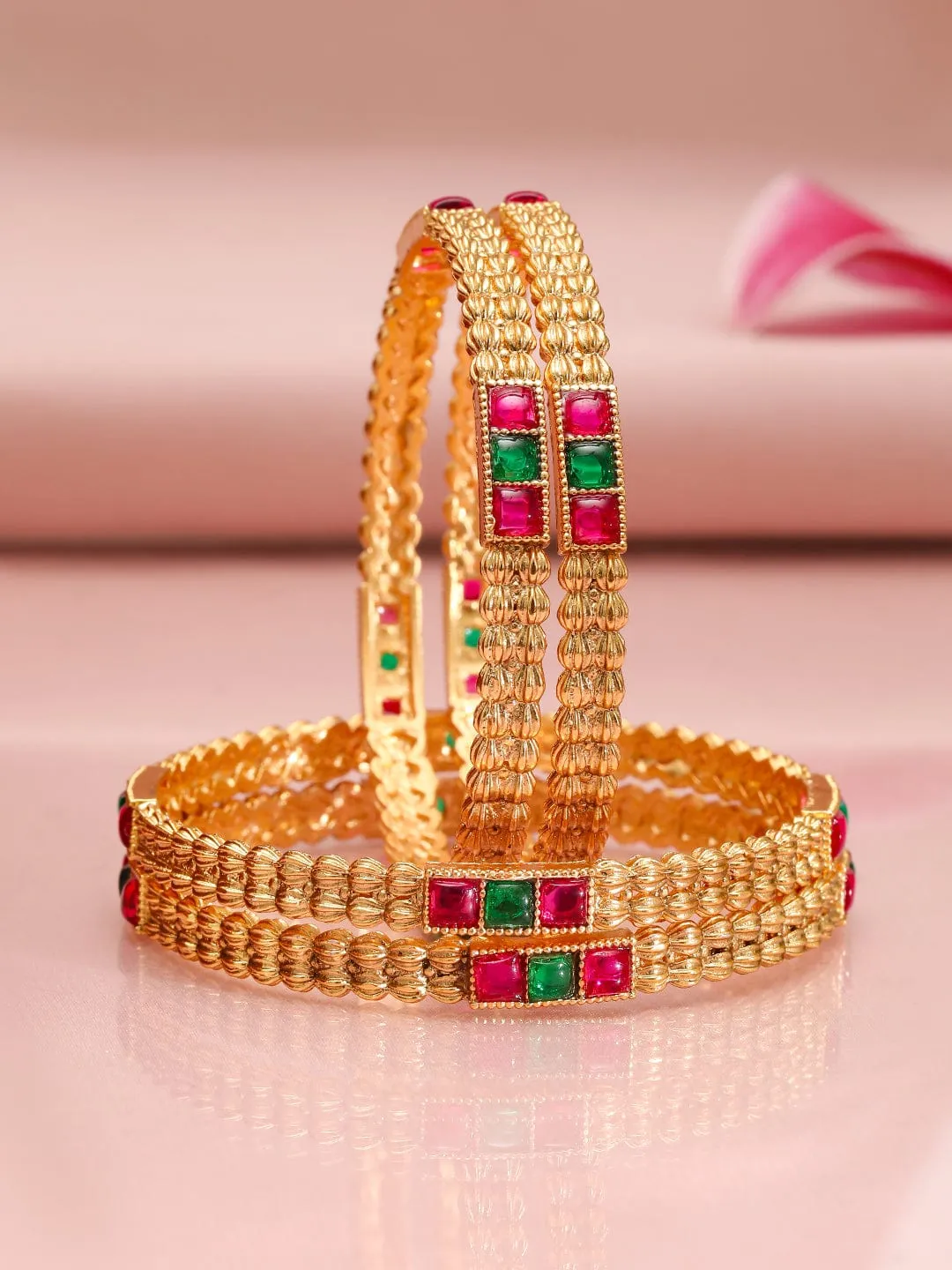 Rubans Set of 4, 18K Gold-Plated Ruby Pink & Emerald Green Stone Studed Traditional Bangle