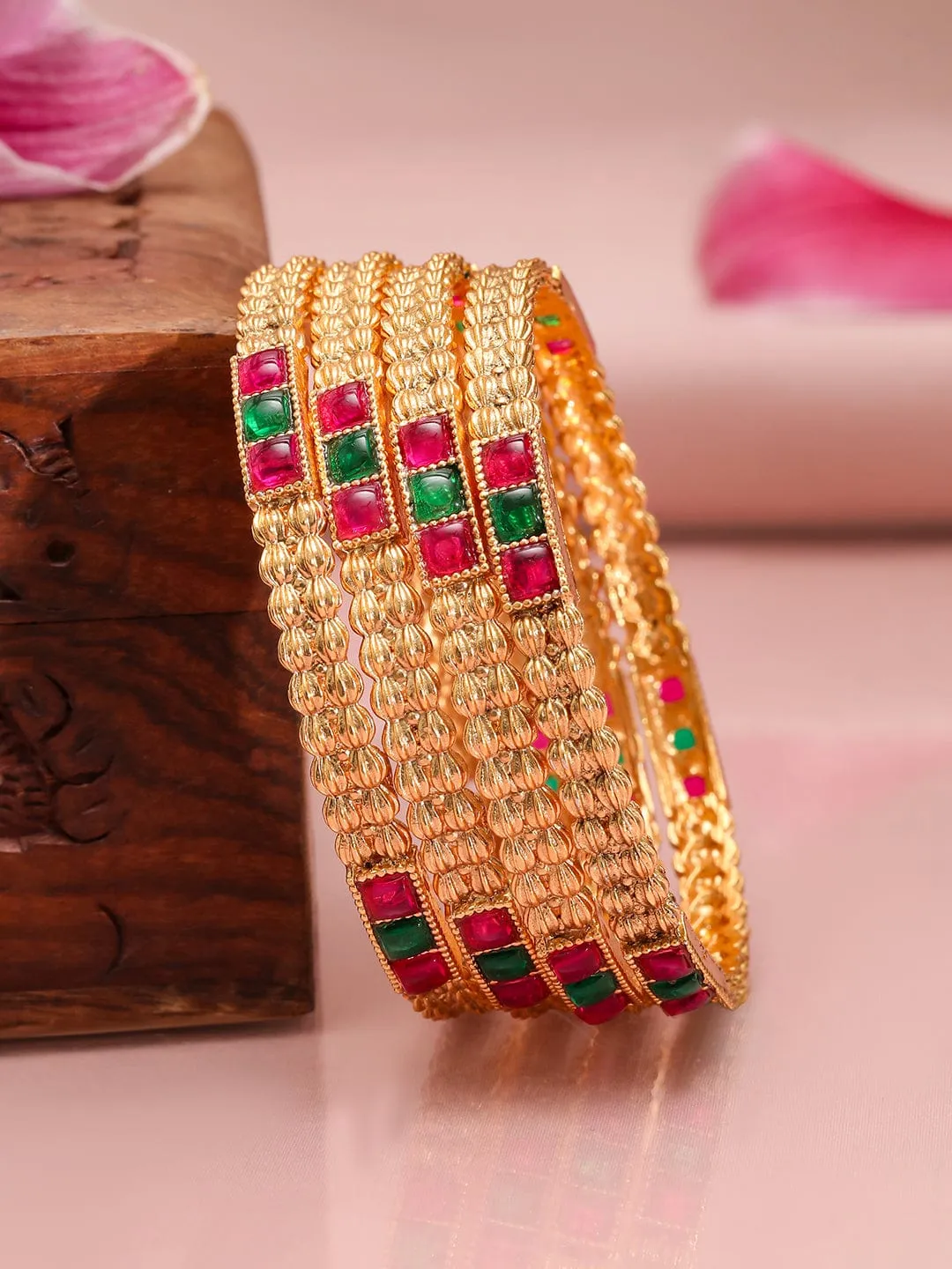 Rubans Set of 4, 18K Gold-Plated Ruby Pink & Emerald Green Stone Studed Traditional Bangle