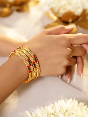 Rubans Set of 4, 18K Gold-Plated Ruby Pink & Emerald Green Stone Studed Traditional Bangle