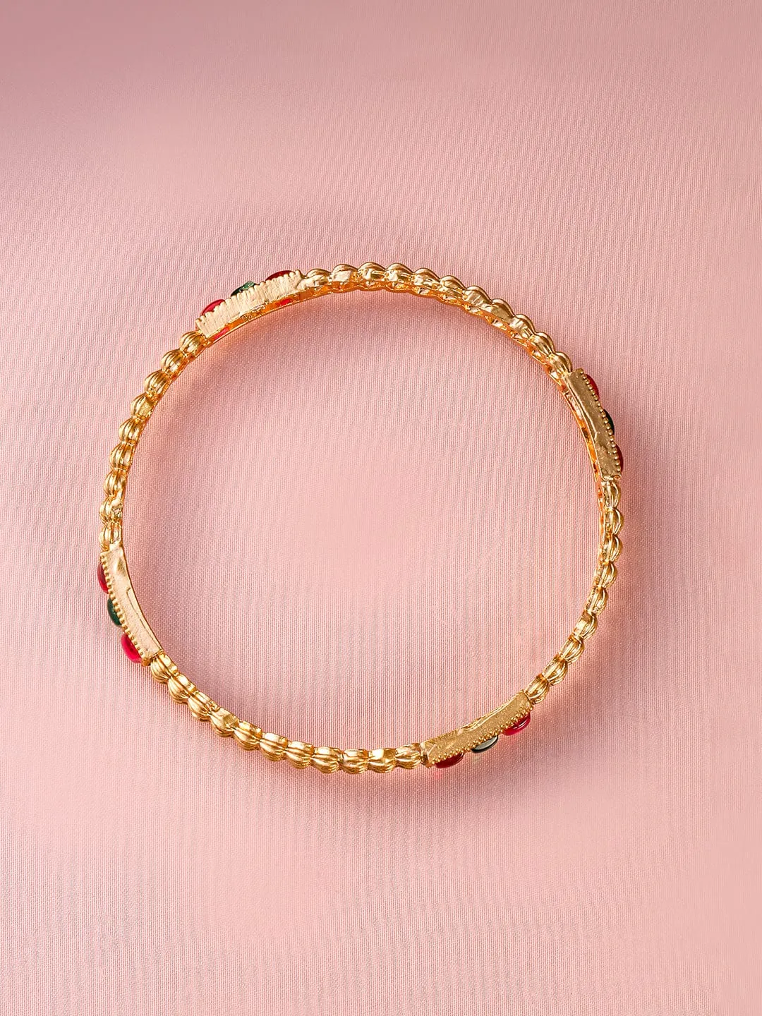 Rubans Set of 4, 18K Gold-Plated Ruby Pink & Emerald Green Stone Studed Traditional Bangle
