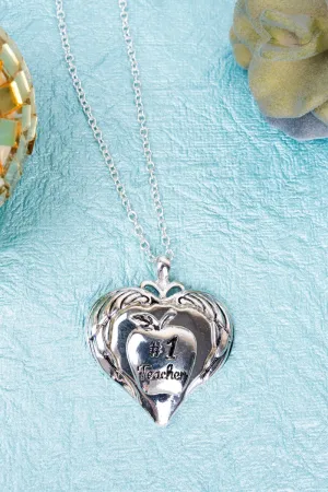 SALE! Silvertone '#1 Teacher' Heart Pendant Necklace