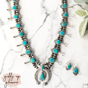 Shirley Henry | Navajo Handmade Sterling Silver & Kingman Turquoise Vintage Squash Blossom Necklace   Matching Earrings
