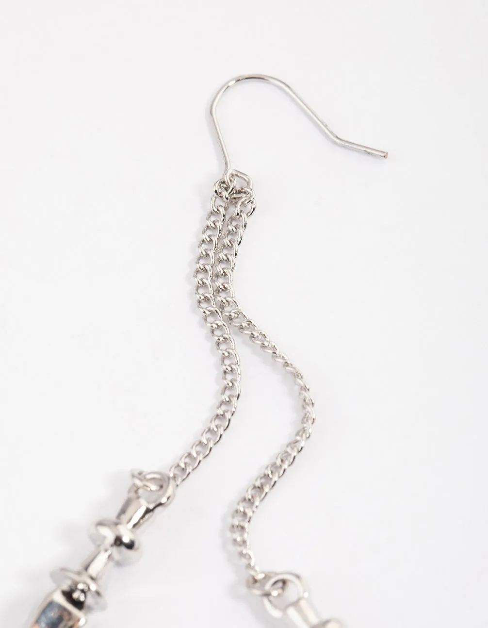 Silver Double Row Chain Spike Drop Earrings