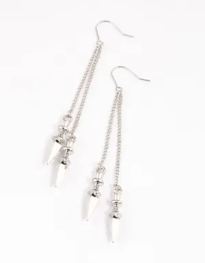 Silver Double Row Chain Spike Drop Earrings