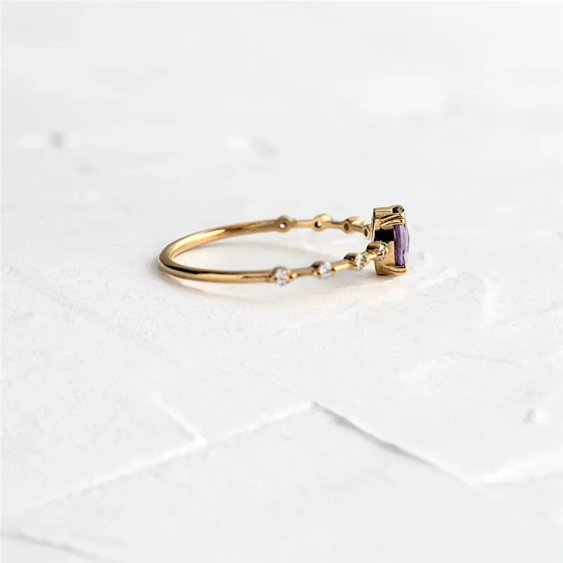 Simple Egg Shape Purple Crystal Gold Rings