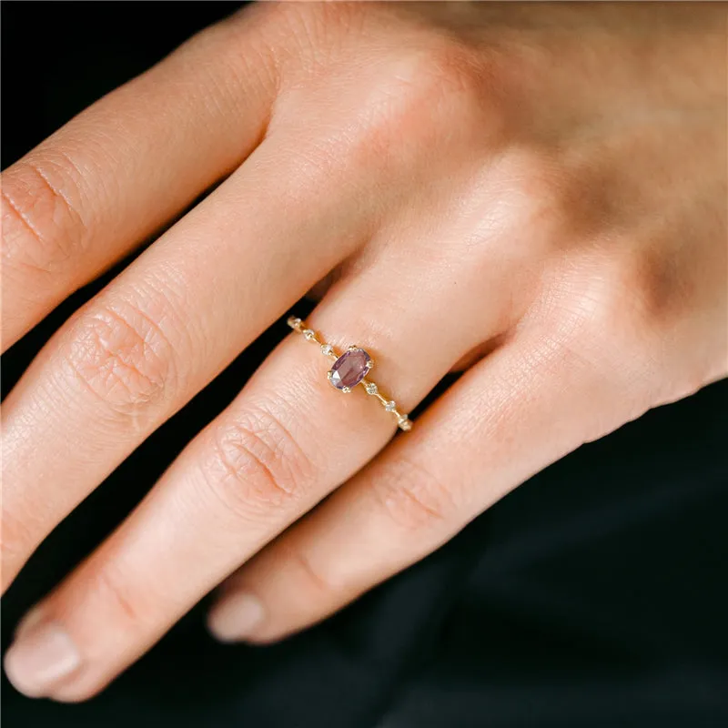 Simple Egg Shape Purple Crystal Gold Rings