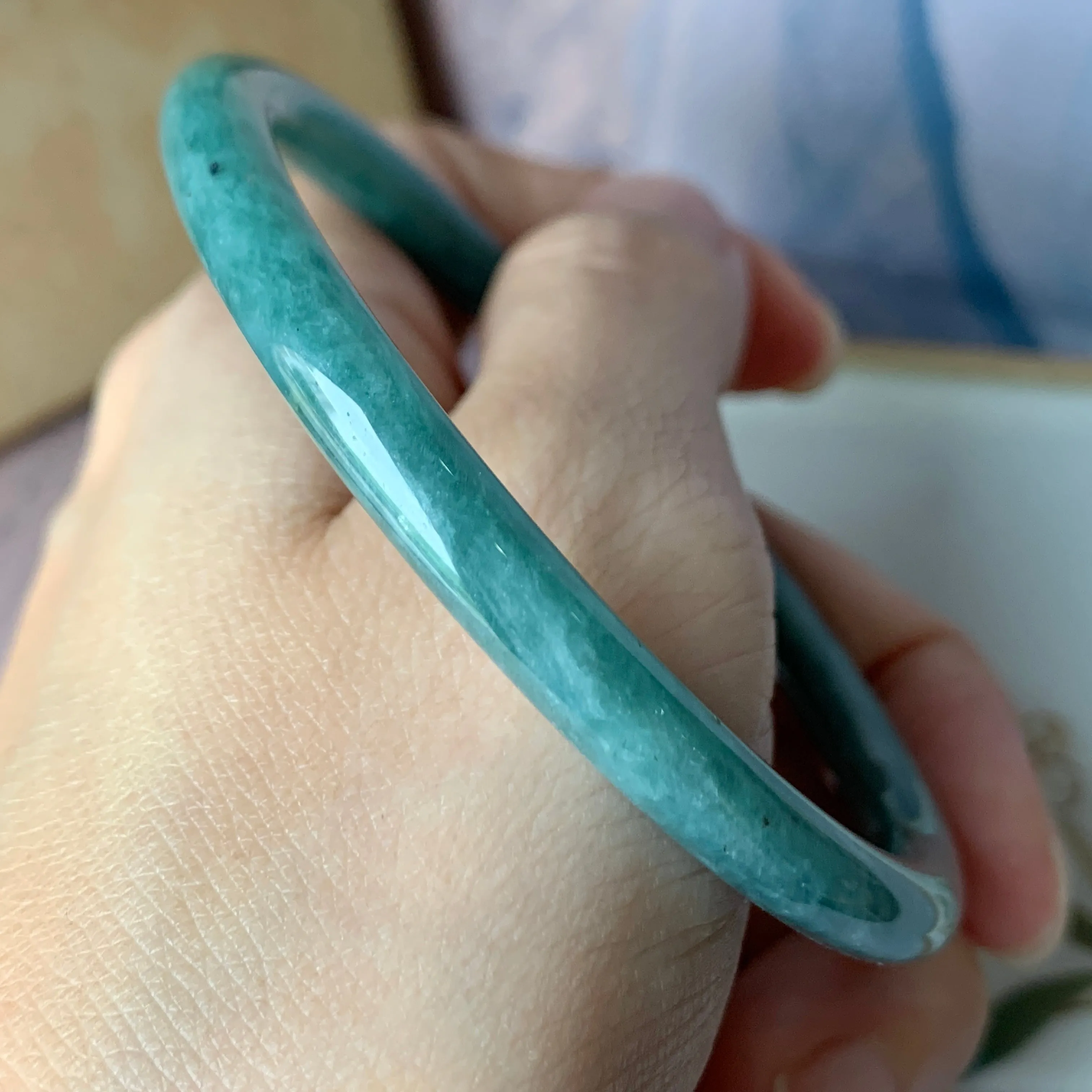 SOLD OUT: 58.2 mm A-Grade Natural Greenish Blue Jadeite Traditional Round Bangle No.151909