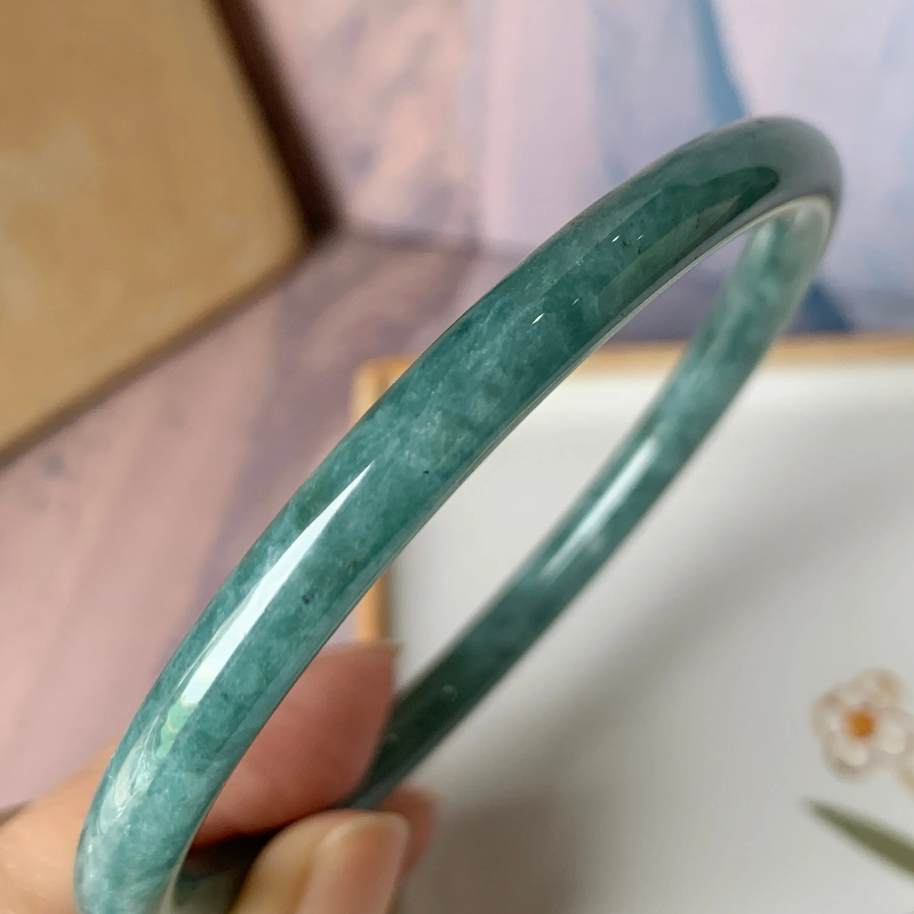 SOLD OUT: 58.2 mm A-Grade Natural Greenish Blue Jadeite Traditional Round Bangle No.151909