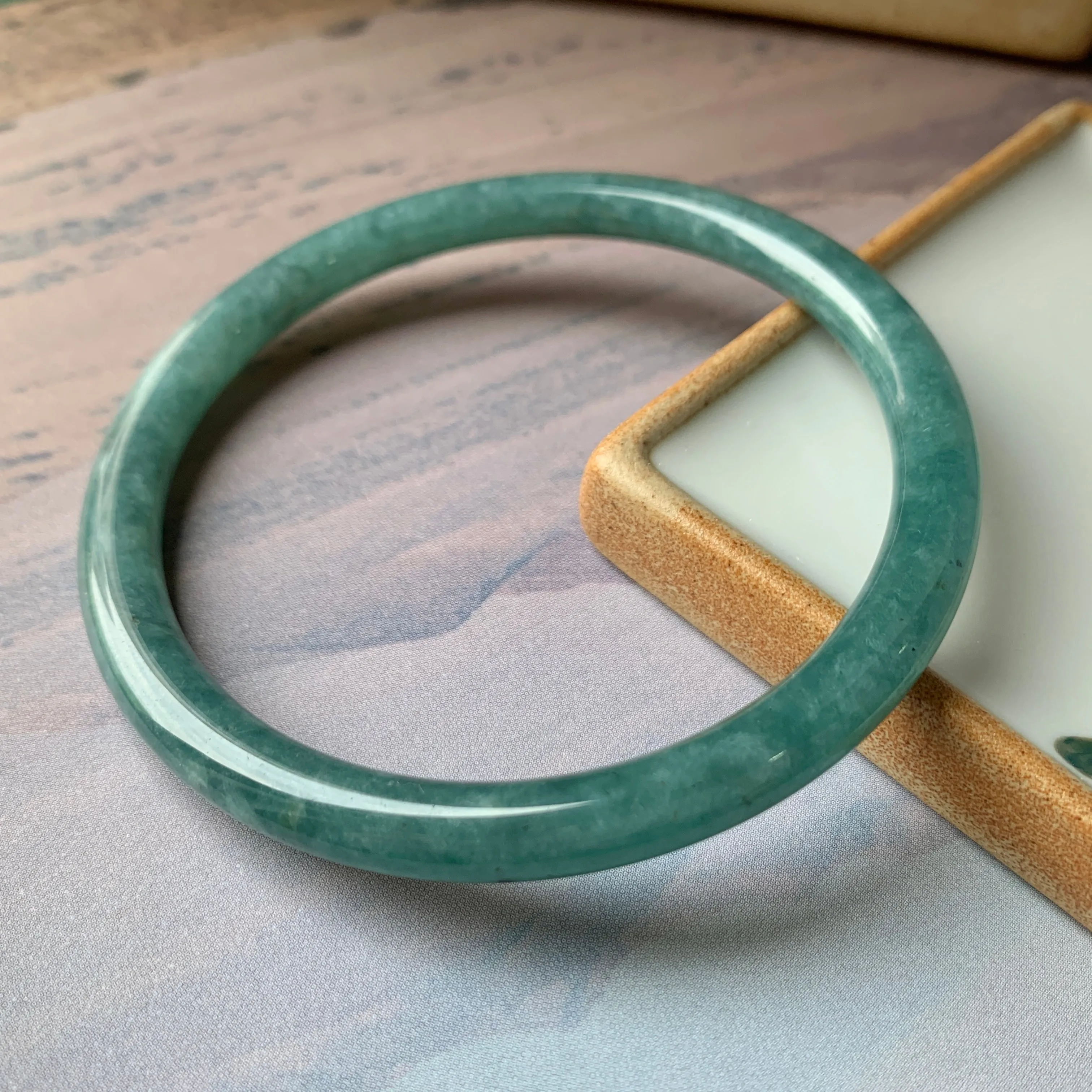 SOLD OUT: 58.2 mm A-Grade Natural Greenish Blue Jadeite Traditional Round Bangle No.151909