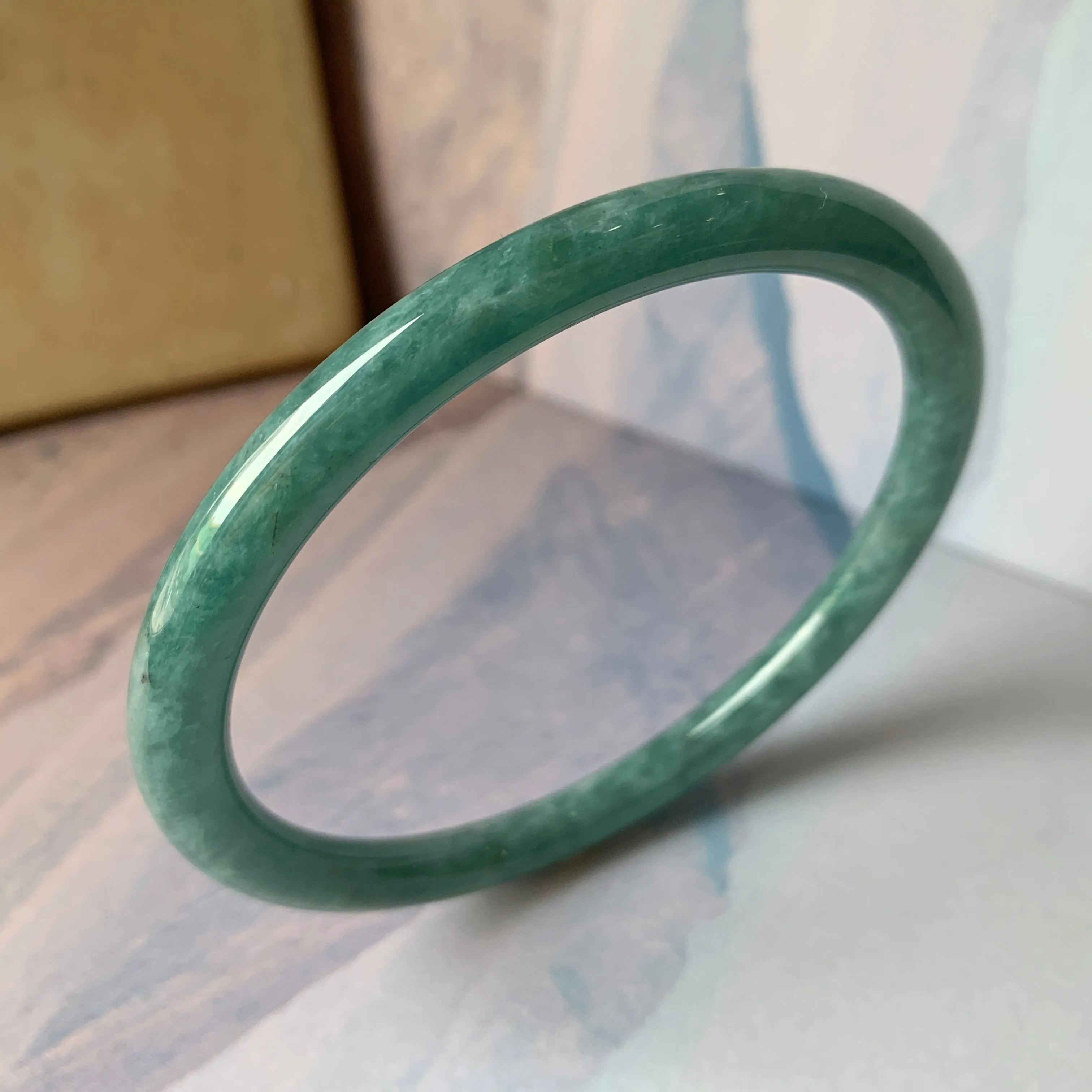 SOLD OUT: 58.2 mm A-Grade Natural Greenish Blue Jadeite Traditional Round Bangle No.151909