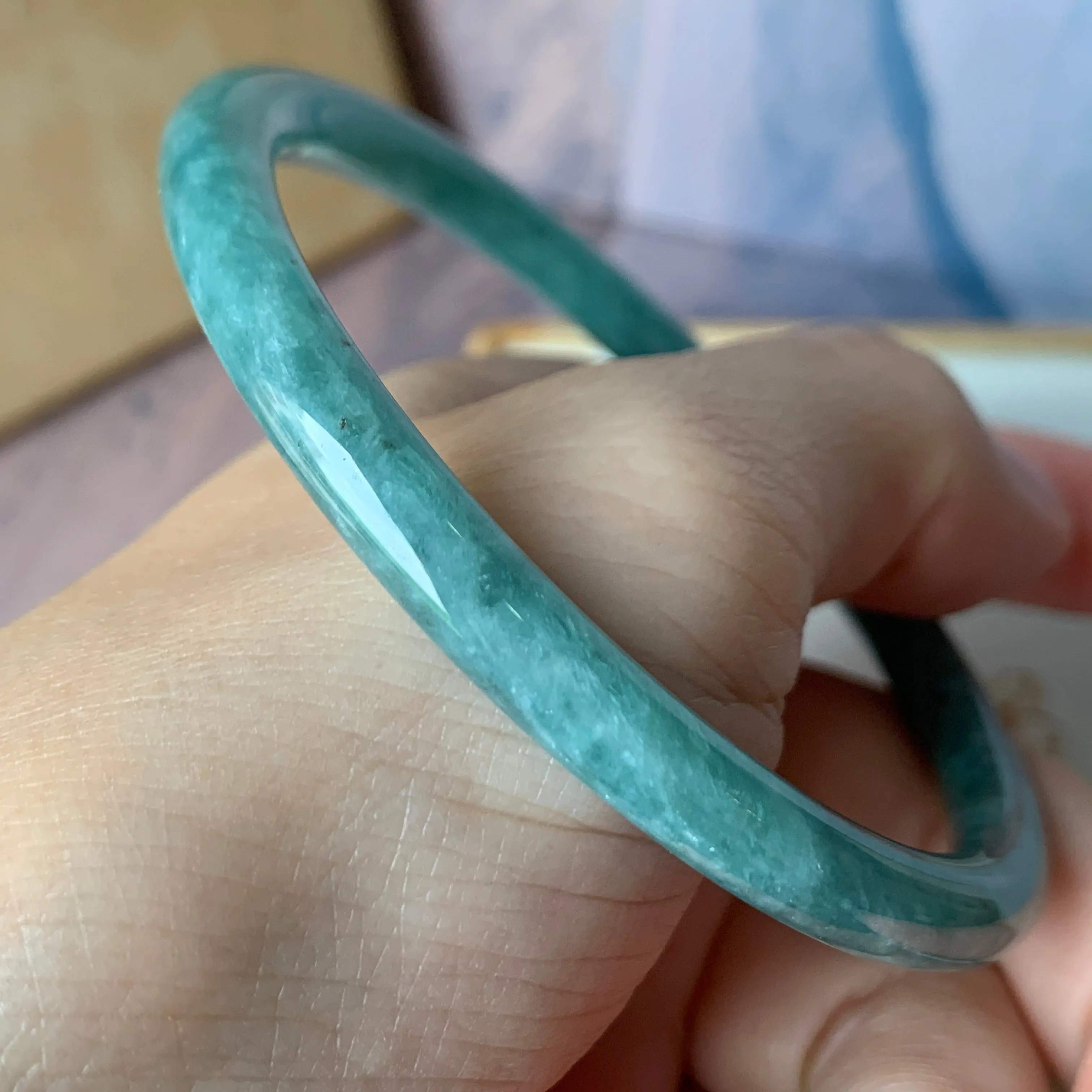 SOLD OUT: 58.2 mm A-Grade Natural Greenish Blue Jadeite Traditional Round Bangle No.151909
