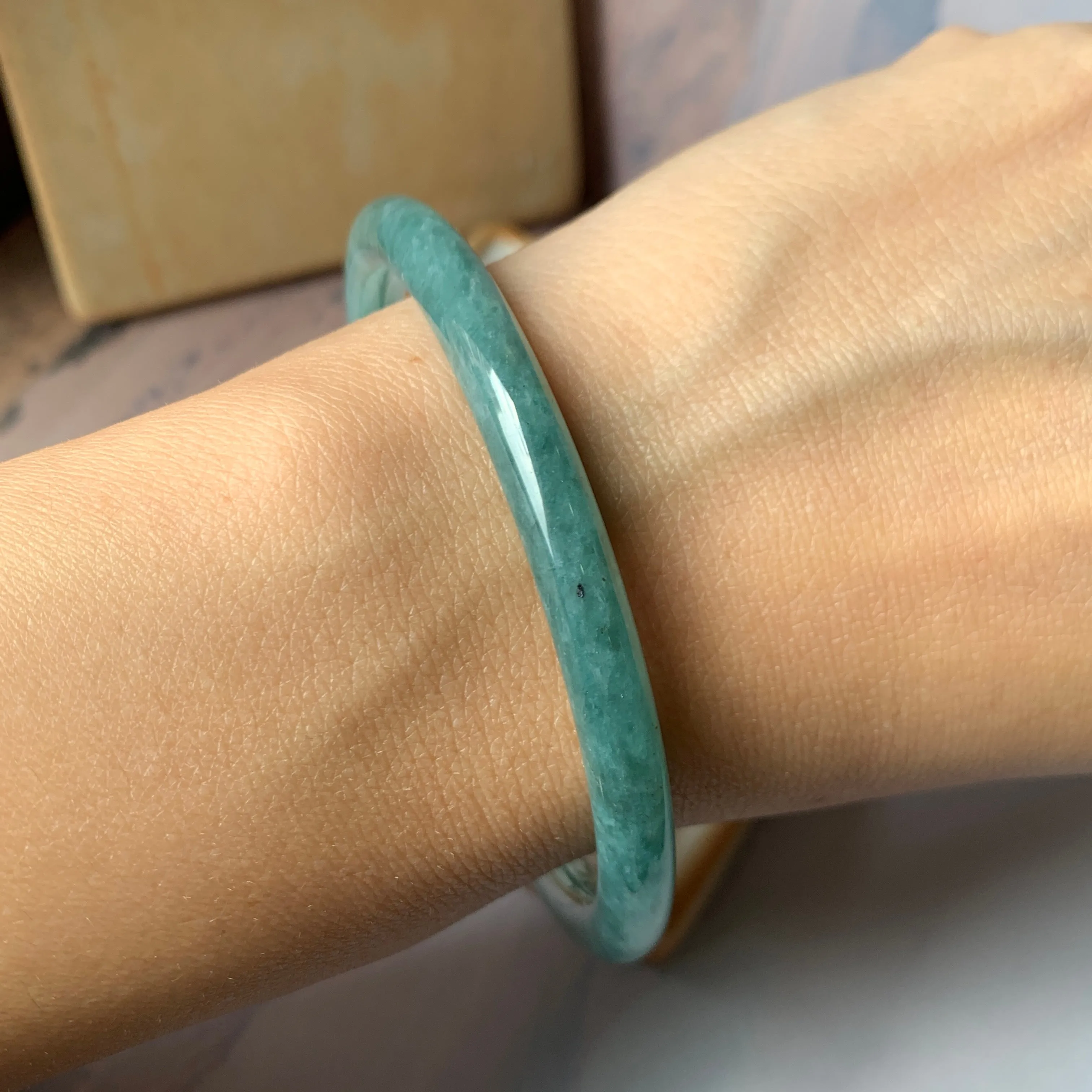 SOLD OUT: 58.2 mm A-Grade Natural Greenish Blue Jadeite Traditional Round Bangle No.151909