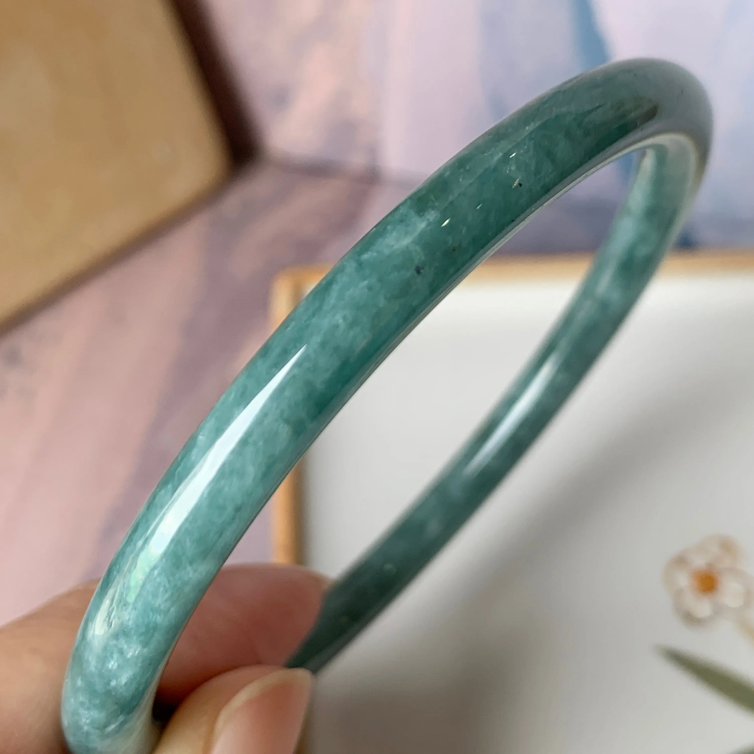 SOLD OUT: 58.2 mm A-Grade Natural Greenish Blue Jadeite Traditional Round Bangle No.151909