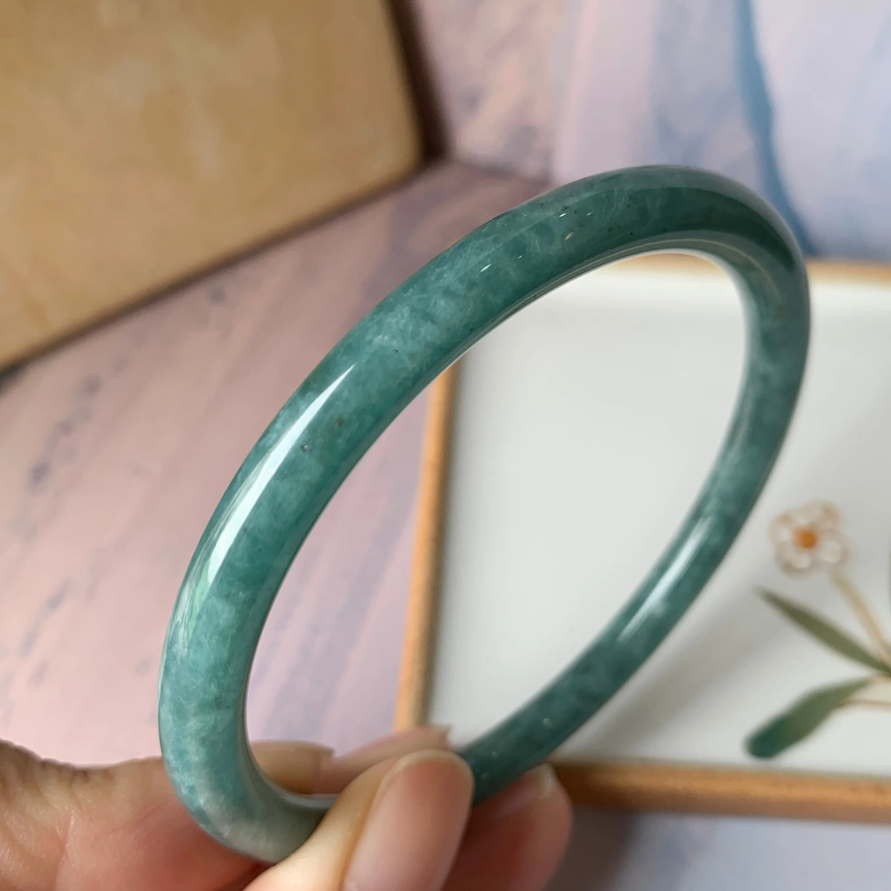 SOLD OUT: 58.2 mm A-Grade Natural Greenish Blue Jadeite Traditional Round Bangle No.151909
