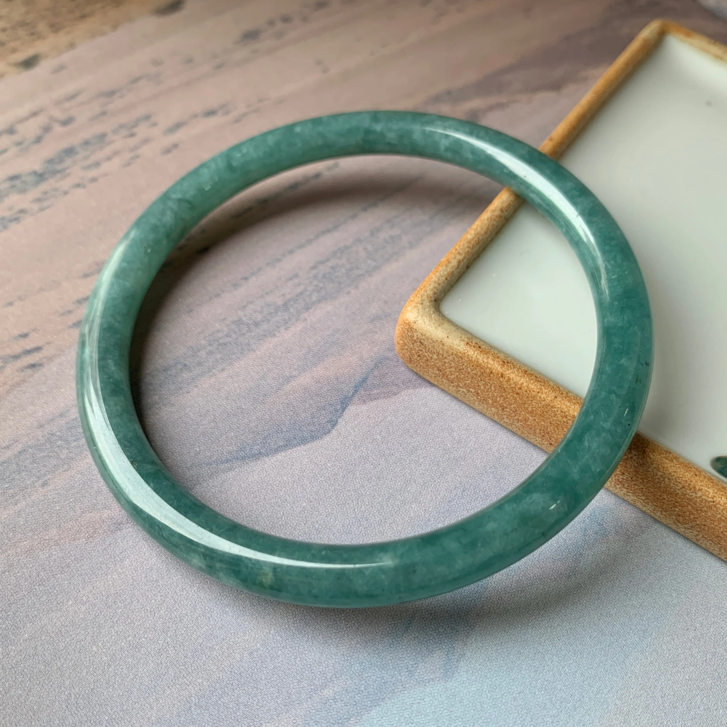 SOLD OUT: 58.2 mm A-Grade Natural Greenish Blue Jadeite Traditional Round Bangle No.151909