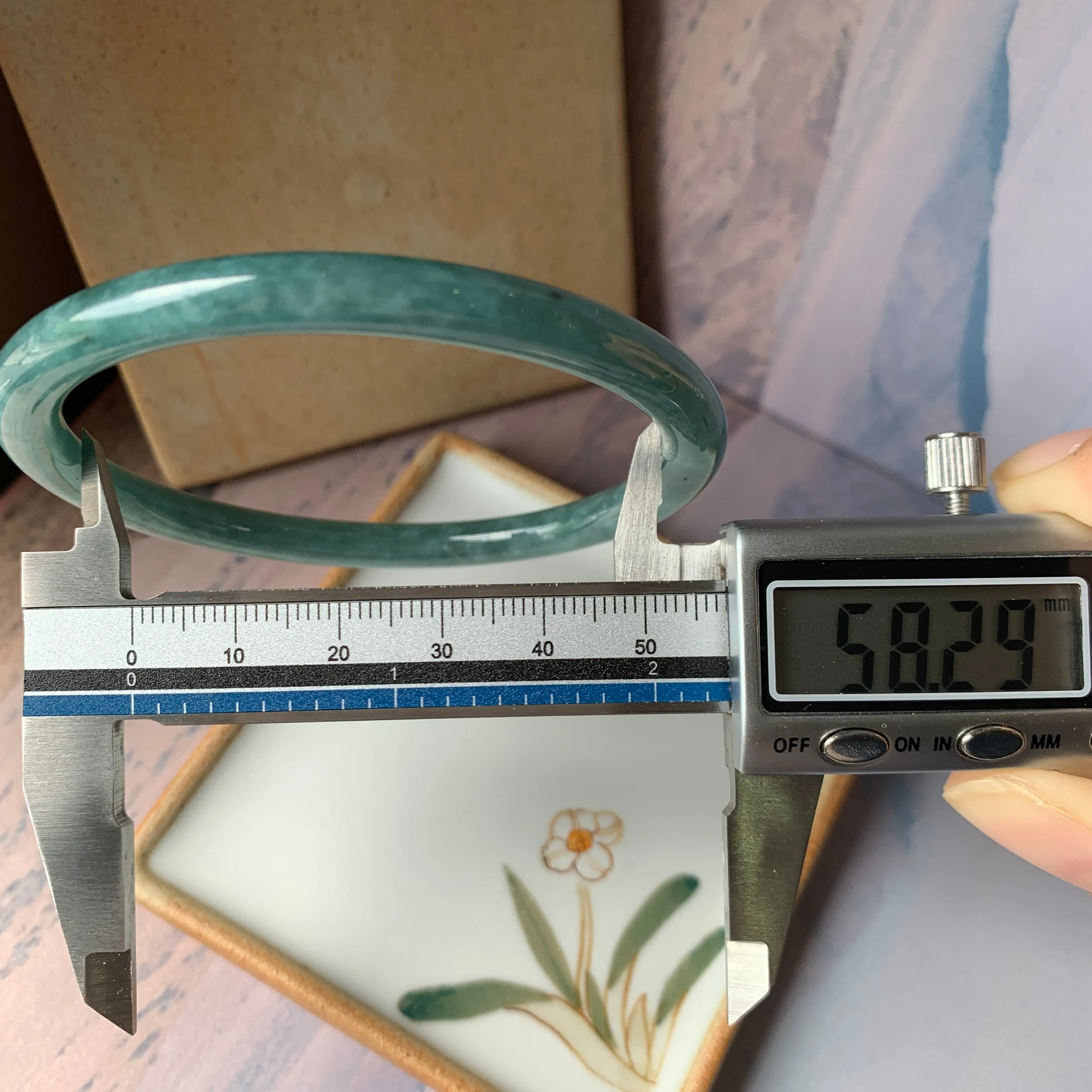 SOLD OUT: 58.2 mm A-Grade Natural Greenish Blue Jadeite Traditional Round Bangle No.151909