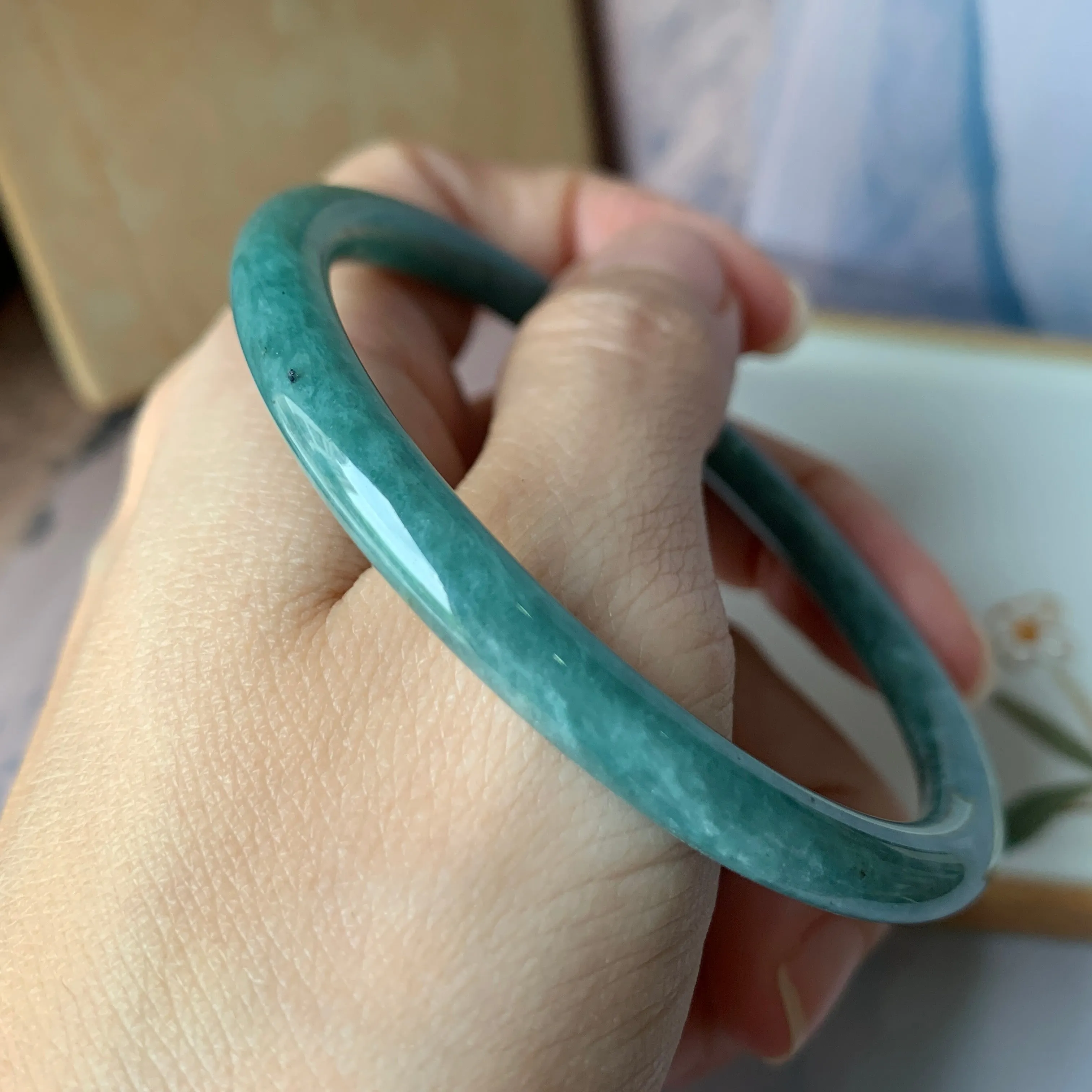 SOLD OUT: 58.2 mm A-Grade Natural Greenish Blue Jadeite Traditional Round Bangle No.151909