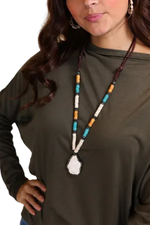 Southern Grace Women's Cowgirl Chic White Stone Bead Brown Faux Leather Necklace