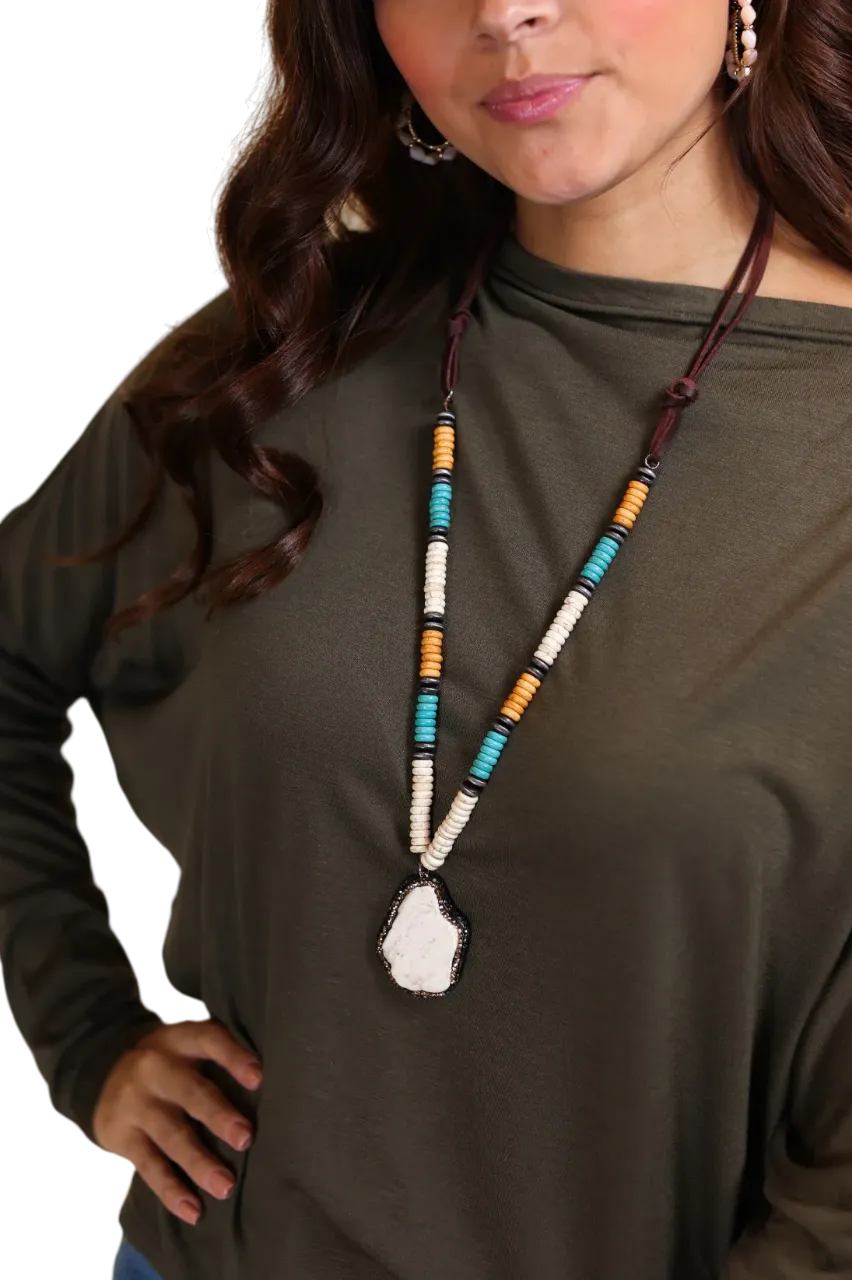 Southern Grace Women's Cowgirl Chic White Stone Bead Brown Faux Leather Necklace