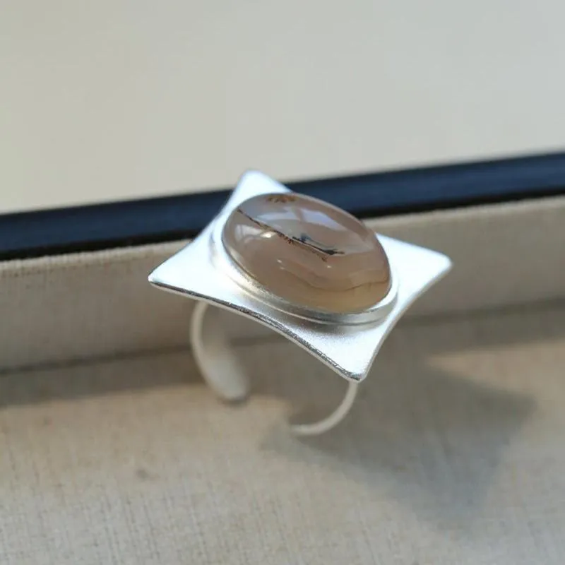 Square-Set Oval Gemstone Statement Open Ring