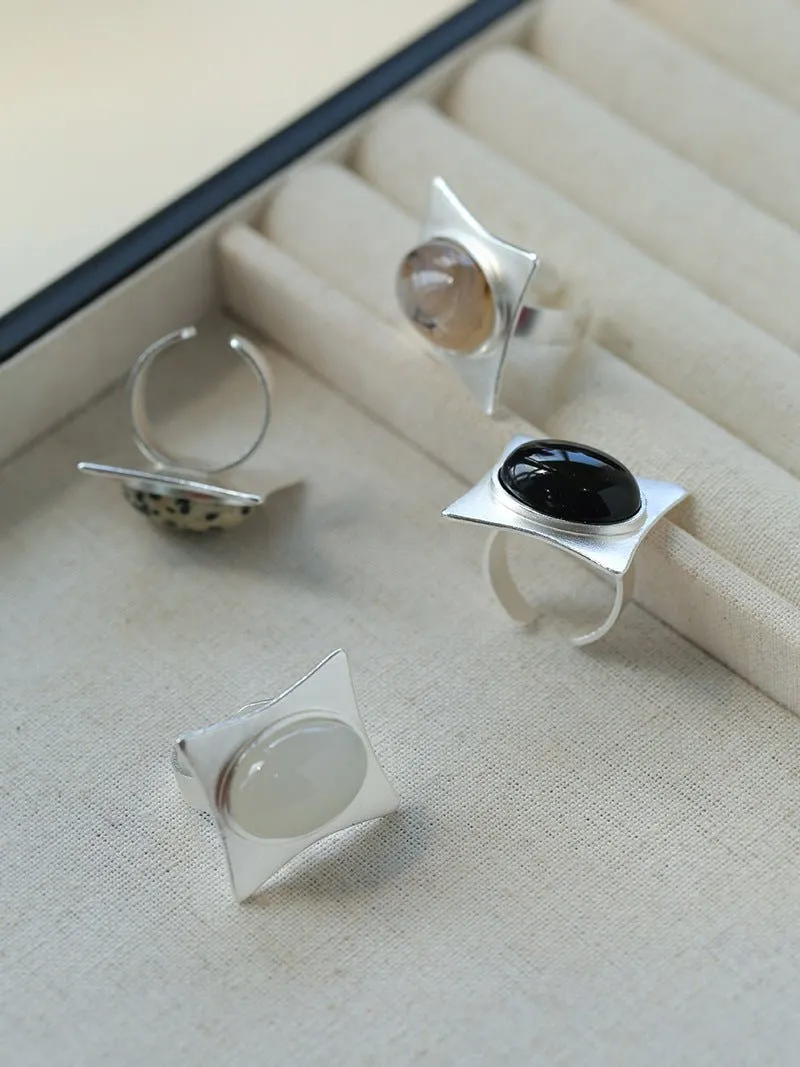 Square-Set Oval Gemstone Statement Open Ring