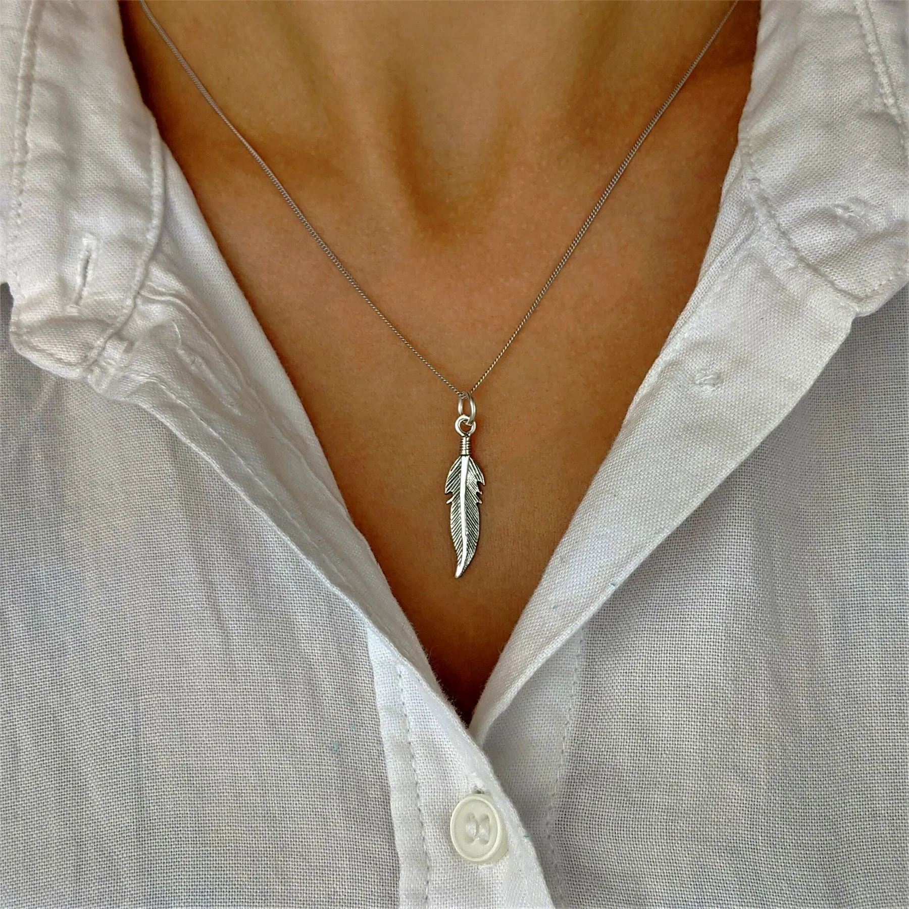 Sterling Silver Feather Leaf Pendant Necklace With Curb Chain