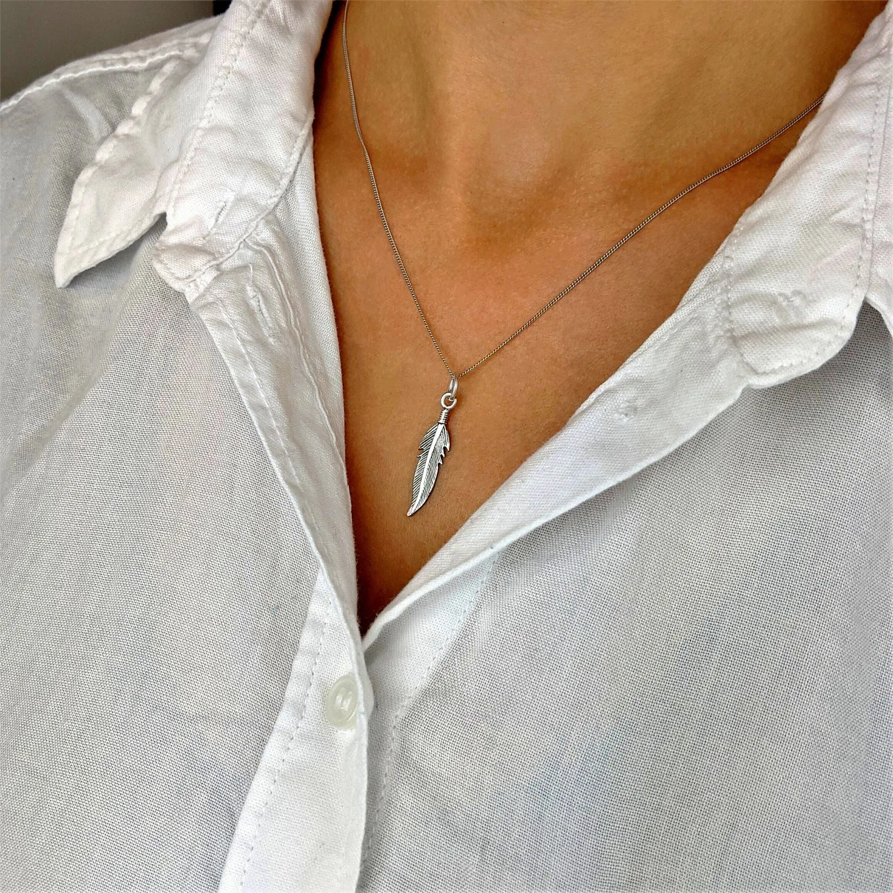 Sterling Silver Feather Leaf Pendant Necklace With Curb Chain