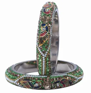 Sukriti Indian Stylish Peacock Embellished Green Brass Bangles for Women & Girls - Set of 2