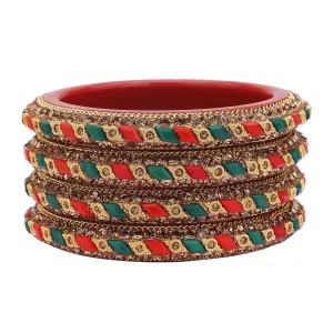 Sukriti Rajasthani Contemporary Red-Green Kada Seep Acrylic Bangles for Girls & Women – Set of 4