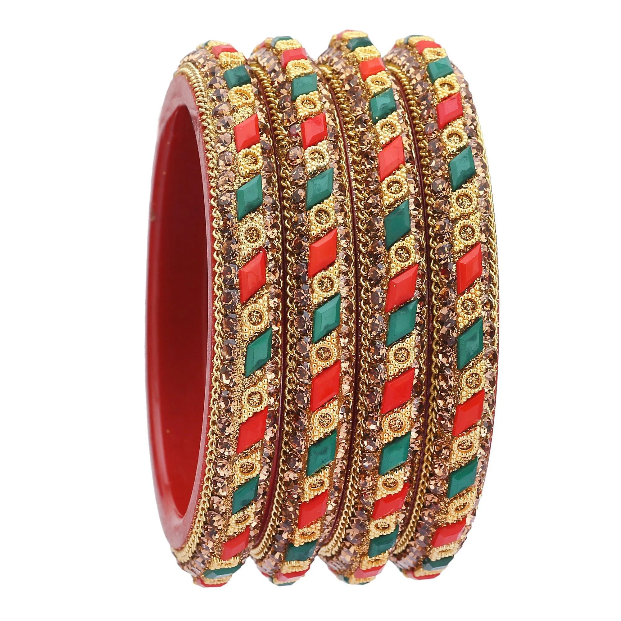 Sukriti Rajasthani Contemporary Red-Green Kada Seep Acrylic Bangles for Girls & Women – Set of 4