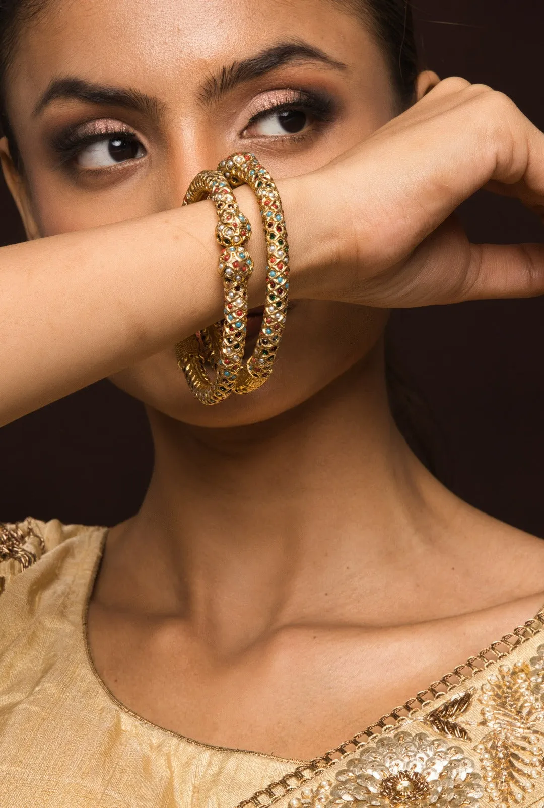Tanika Gold Plated Openable Jadau Bangle Pair Navratan Color