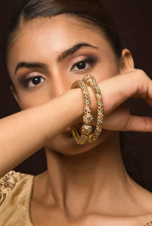 Tanika Gold Plated Openable Jadau Bangle Pair Navratan Color