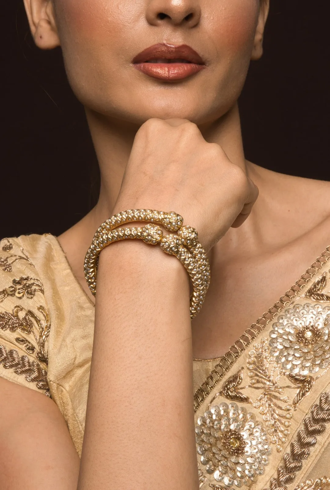 Tanika Gold Plated White Openable Jadau Bangle Pair